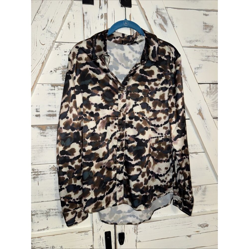 Dictionary NWT Satin Toe Dye Abstract Spotted Silky Button Up Shirt  Medium